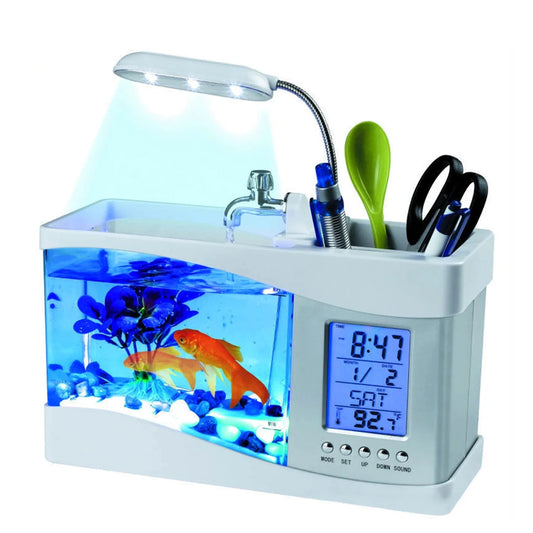 Office Table Lamp with Clock, Mini Goldfish-Bowl and Pen Holder
